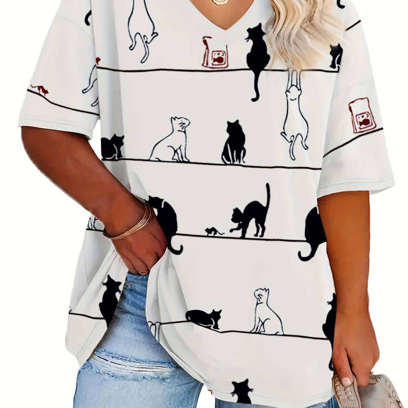 

T-shirt Imprimé Chat De Dessin Animé Grande Taille, T-shirt Décontracté À Manches Courtes Et Col En V, Vêtements Grande Taille Pour Femmes