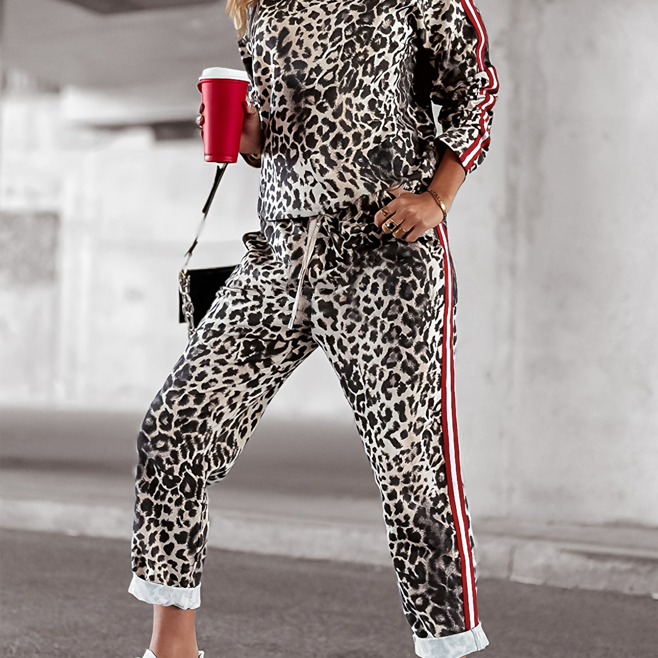 

2pcs Women's Leopard Neck Long Sleeve Top And Pants Set, Elegant Polyester Knit Tracksuit, Regular Fit, With Side Detail And Lace-up Waist, For All Season Comfort