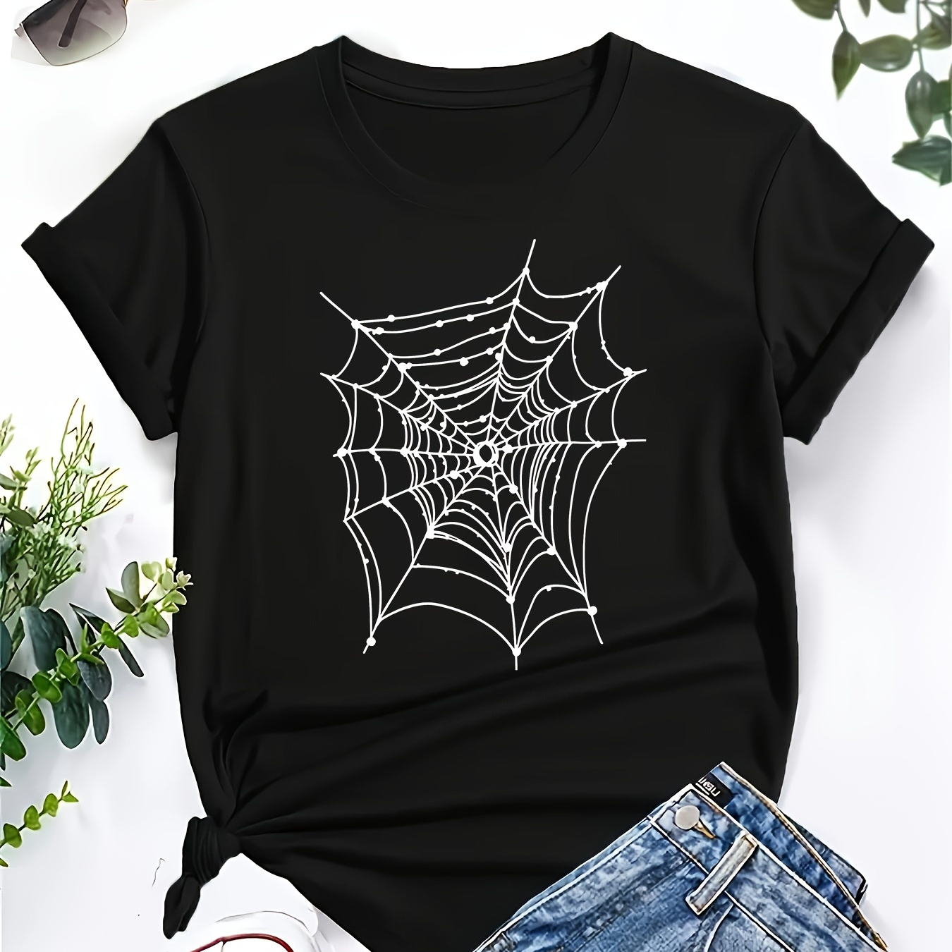 

Women's Casual Spider Web Print T-shirt - Soft Polyester & Spandex , Crew Neck, Short Sleeve, Machine Washable