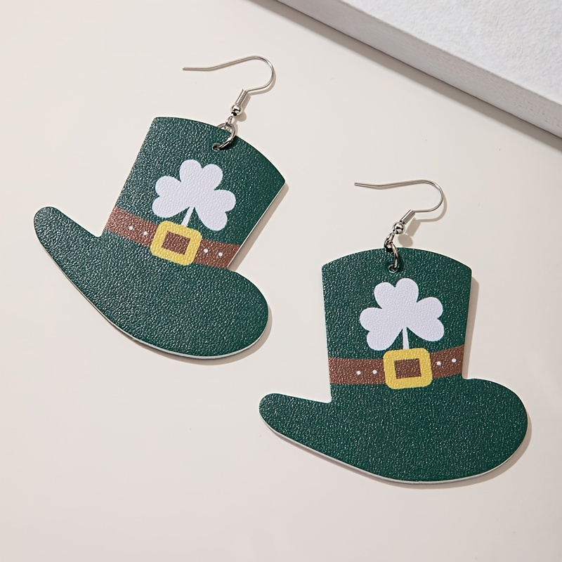 St. Patrick's Day Jewelry, Jewels Clover Hat Irish Letter Design Green Enamel Dangle Earrings Retro Ethnic Style Alloy Jewelry Daily Casual, Alloy