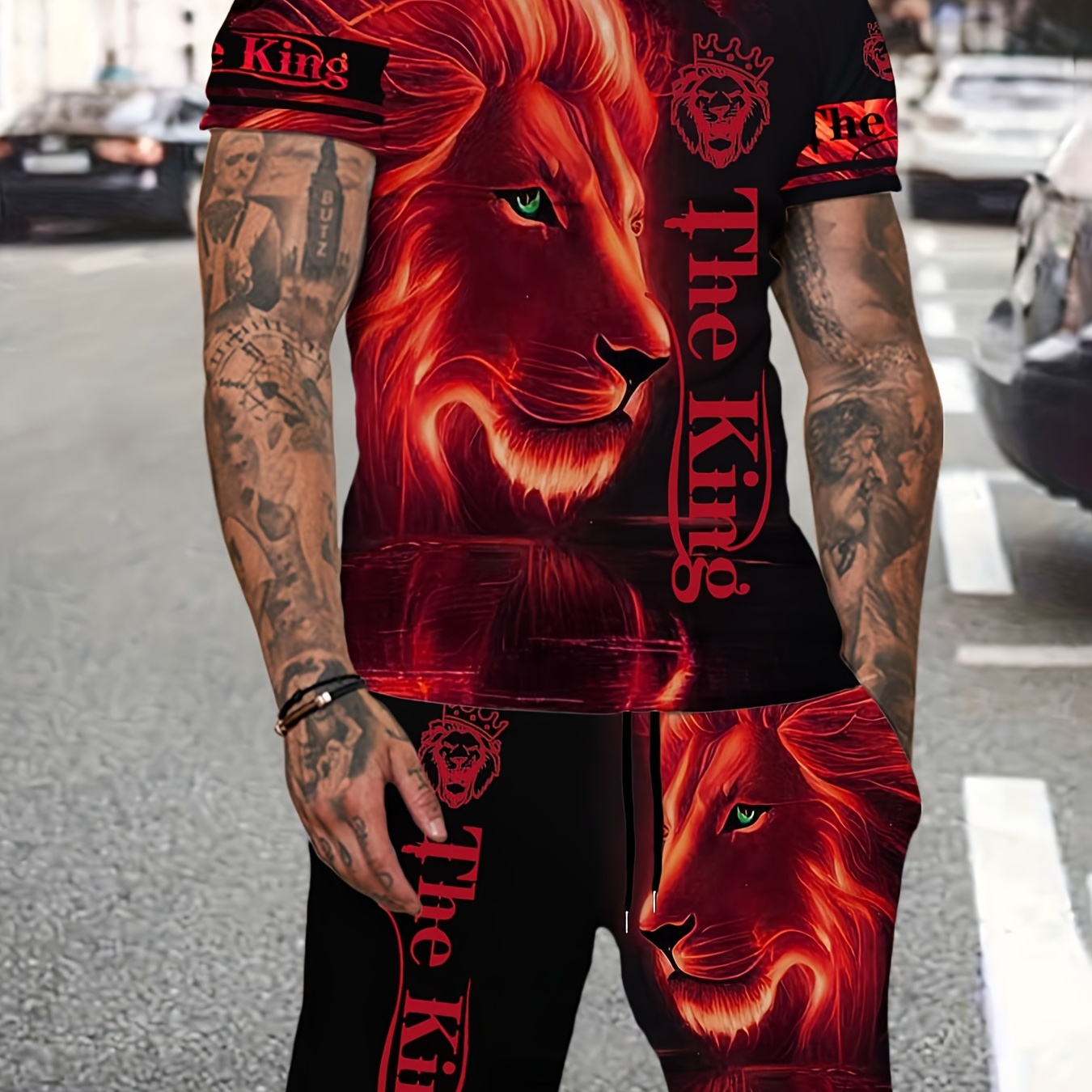 

2pcs Sportswear, Men's Lion Print T-shirt & Slightly Stretch Breathable Shorts Set For Outdoor