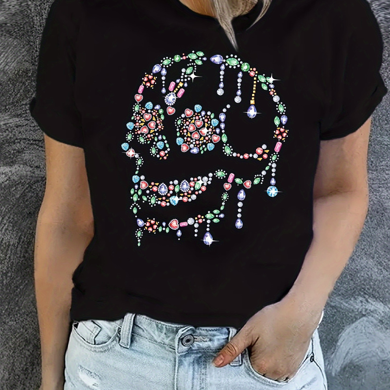 

Skull Graphic Print Knitted T-shirt, Short Sleeve Crew Neck Casual Top For Summer & Spring, Women's Clothing