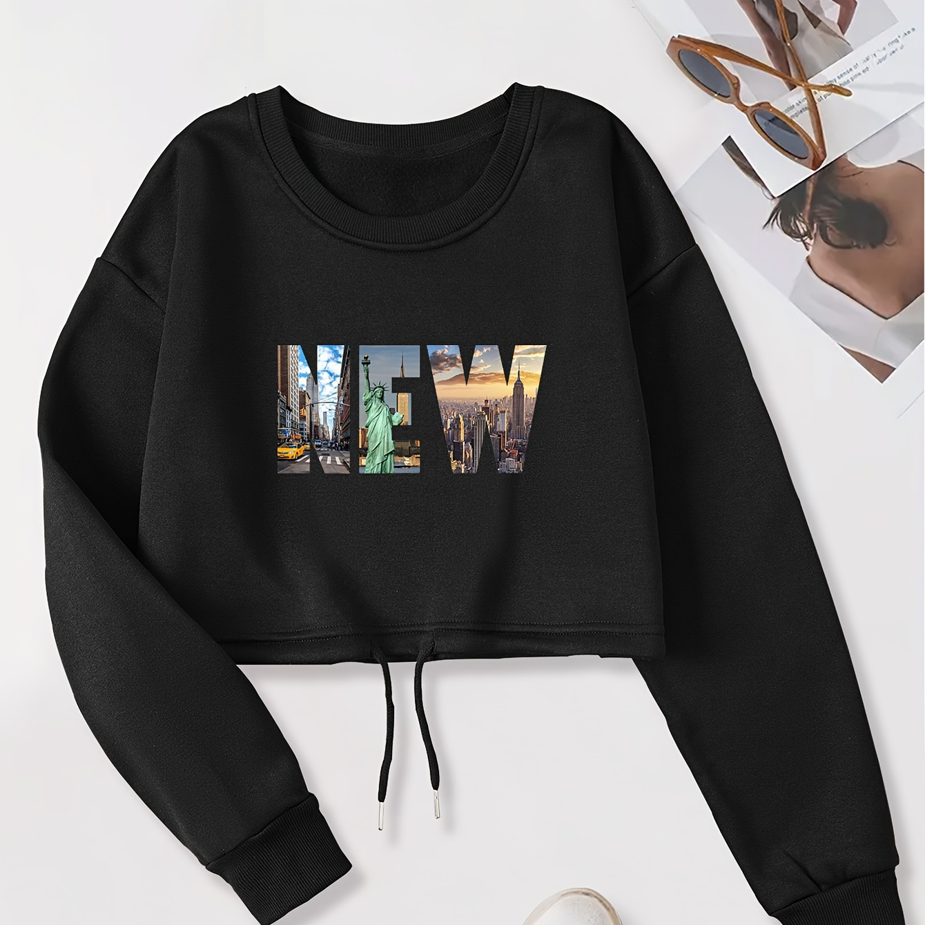 

Women's Casual Pullover Sweatshirt, Adjustable Drawstring, Cozy, Classic Crew Neck Sweatshirt For Fall & Winter