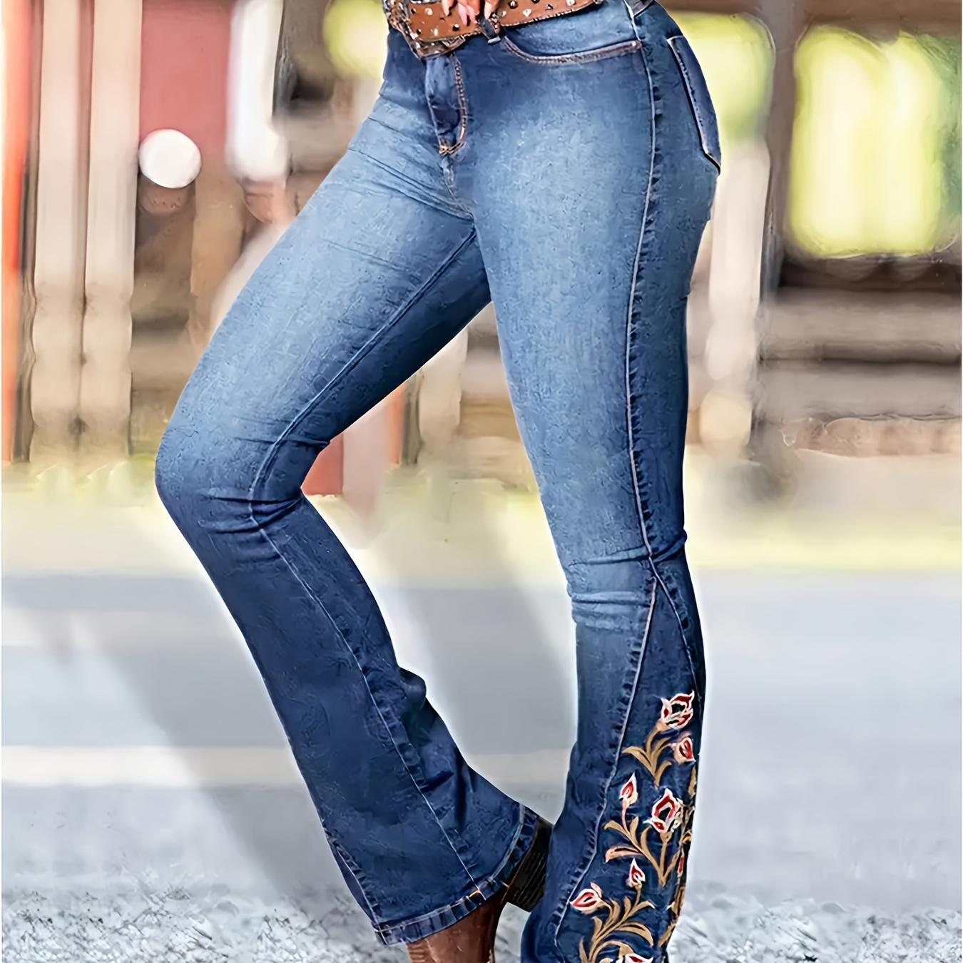 

Women's High Stretch Slimming Dark Blue Embroidered Denim Flare Jeans, Bohemian Style, Long Pants For Ladies And Students For Fall & Winter