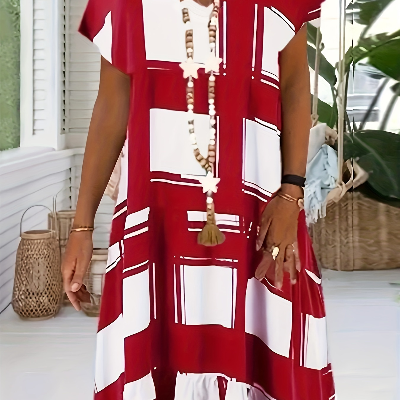 

Plus Size Casual Dress, Women's Plus Grid Print Short Sleeve V Neck Medium Stretch Maxi Dress