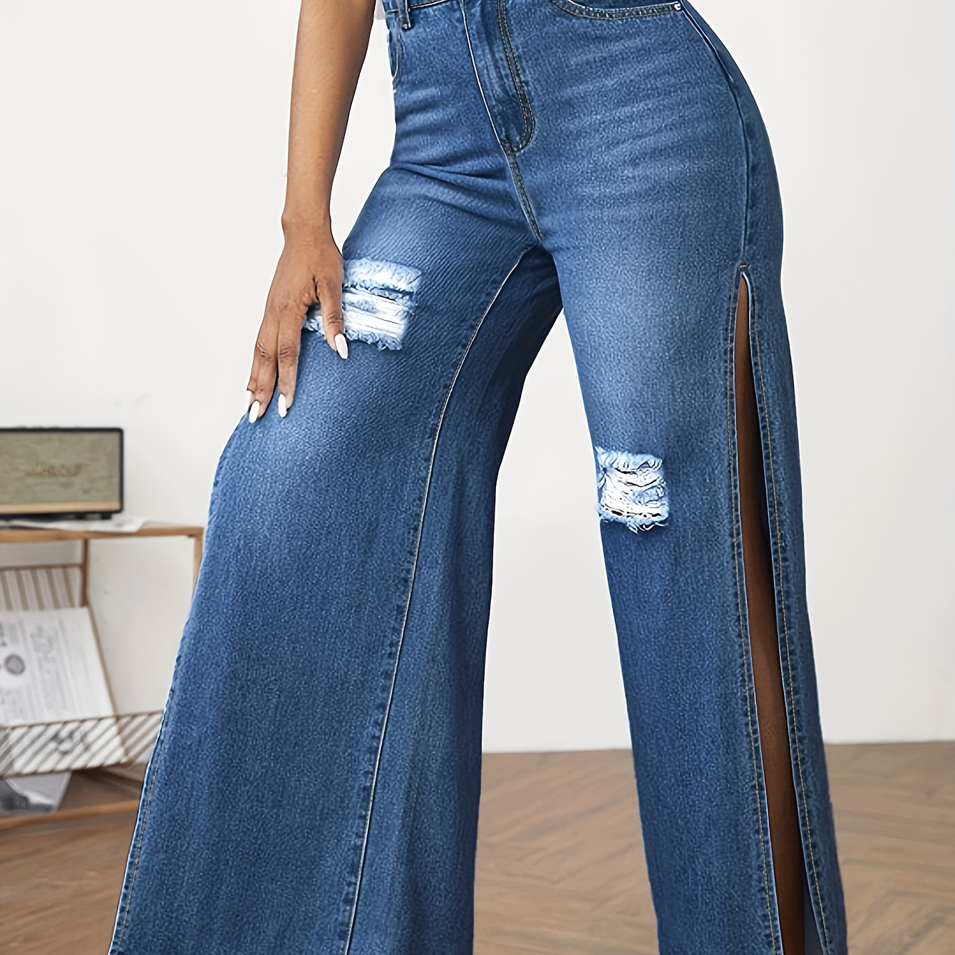 

Blue High Waist Split Denim Pants, High Rise Ripped Slash Pockets Distressed Wide Legs Denim Pants, Women's Denim Jeans & Clothing