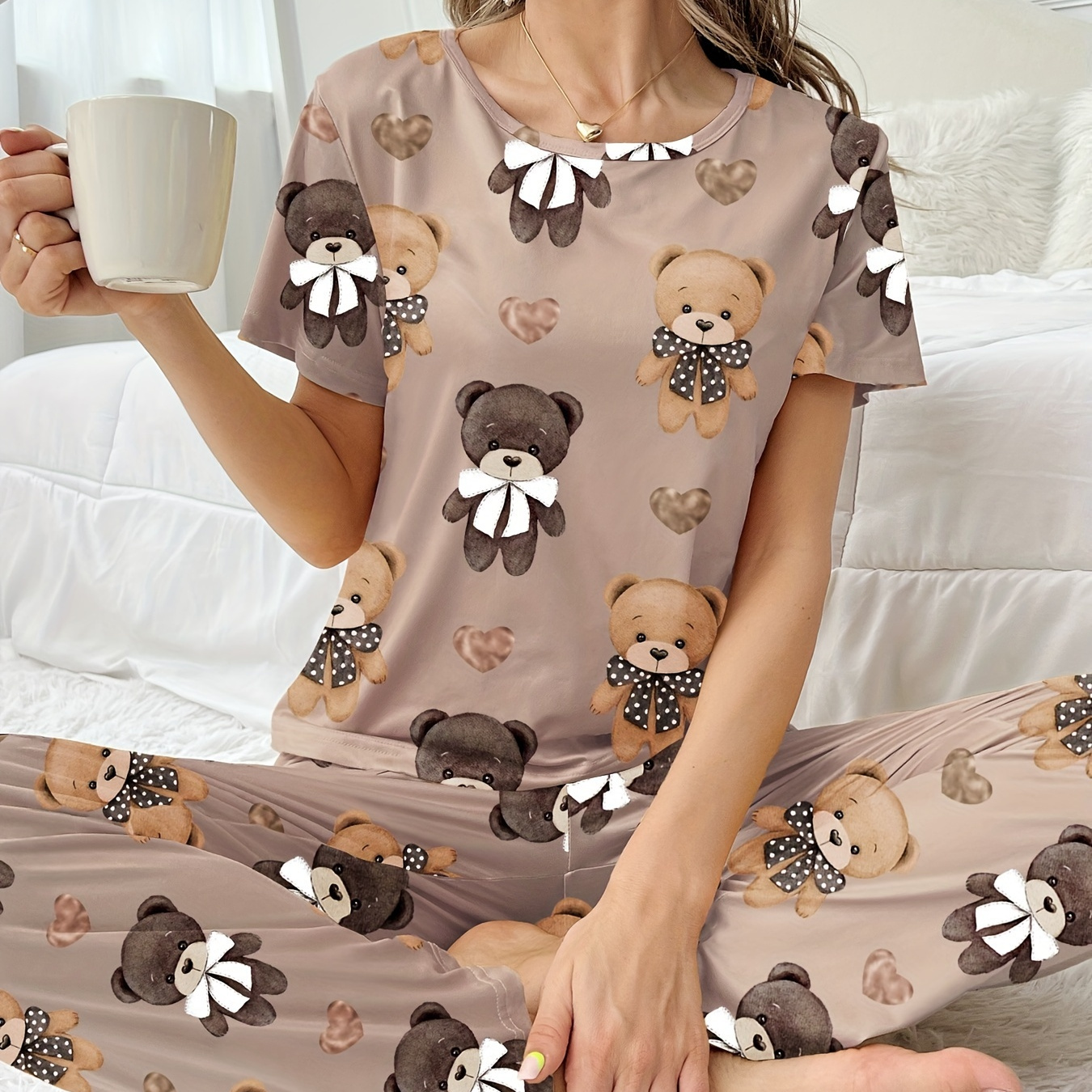 TEMU Cartoon Bear & Heart Print Pajama Set, Cozy Short Sleeve Round Neck Top & Elastic Pants, Women's Sleepwear & Loungewear