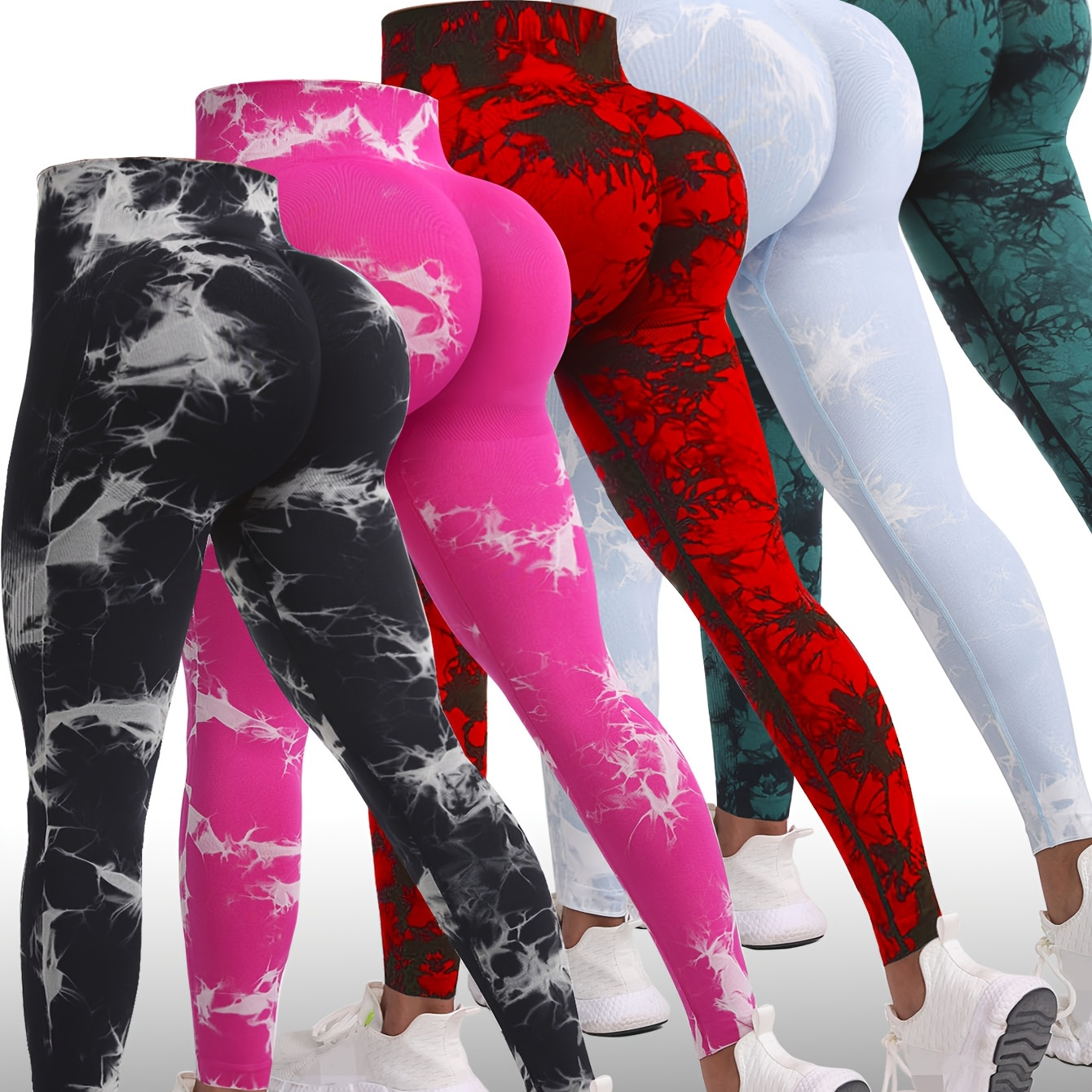 

5-pack Tie-dye Sports Leggings For Women, High Stretch Asymmetrical Knit Fabric, Belly Support Skinny Yoga Pants, Waist Long Length, Polyamide 54%, Polyester 34%, Elastane 12%, Athletic Wear