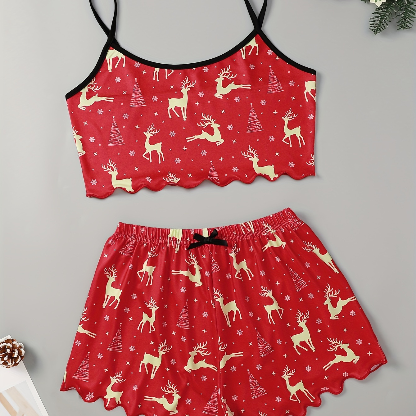 

Women's Christmas Tree & Reindeer Print Frill Trim Pajama Set, Round Neck Backless Crop Cami Top & Shorts, Comfortable Relaxed Fit