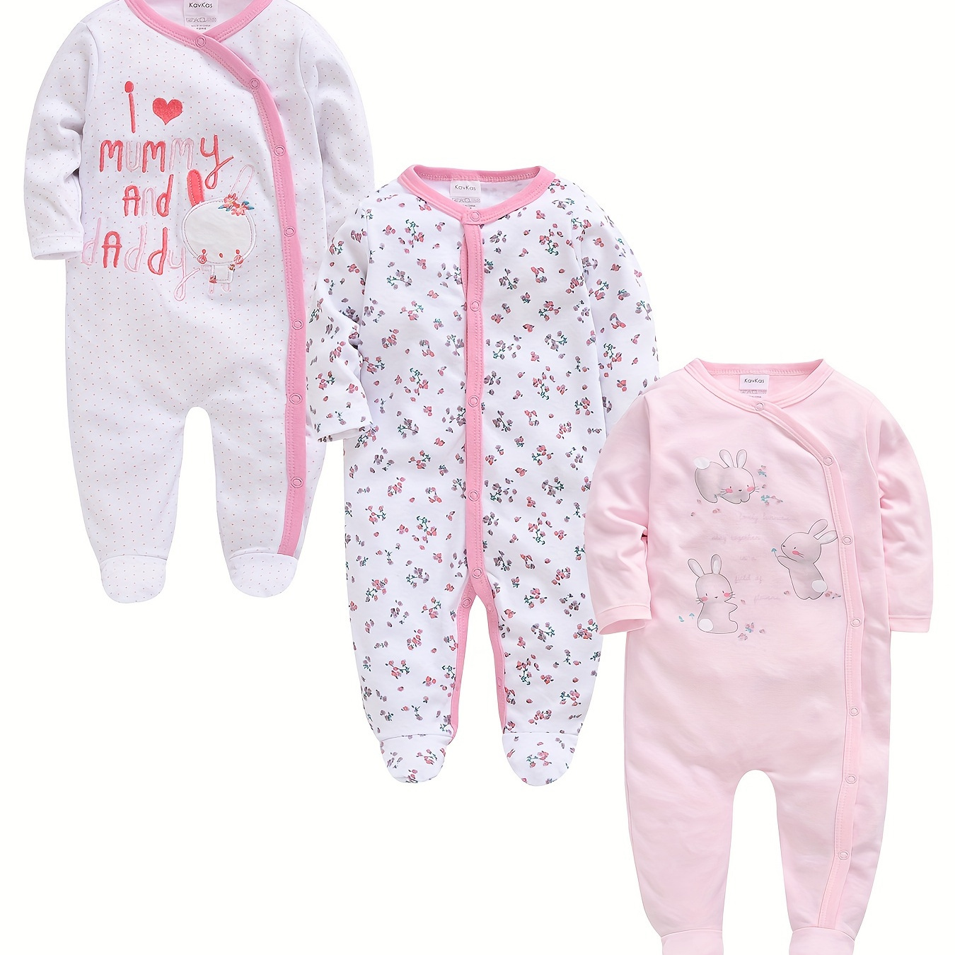 

3pcs Baby's Cartoon Bunny & Floral Pattern Cotton Footed Bodysuit, Casual Comfy Long Sleeve Romper, Newborn Infant Girl's Clothing