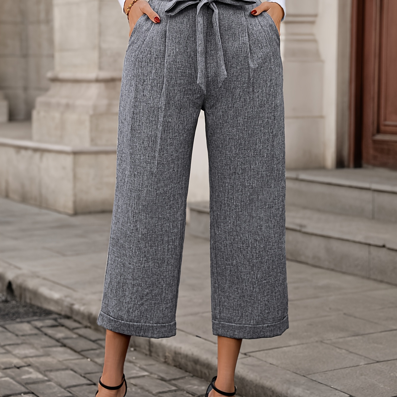 

Women's Elegant Pleated Tapered Trousers With Pockets And Belt, Polyester 100% Solid Color Office Suit Pants For Spring, Summer, Autumn - All