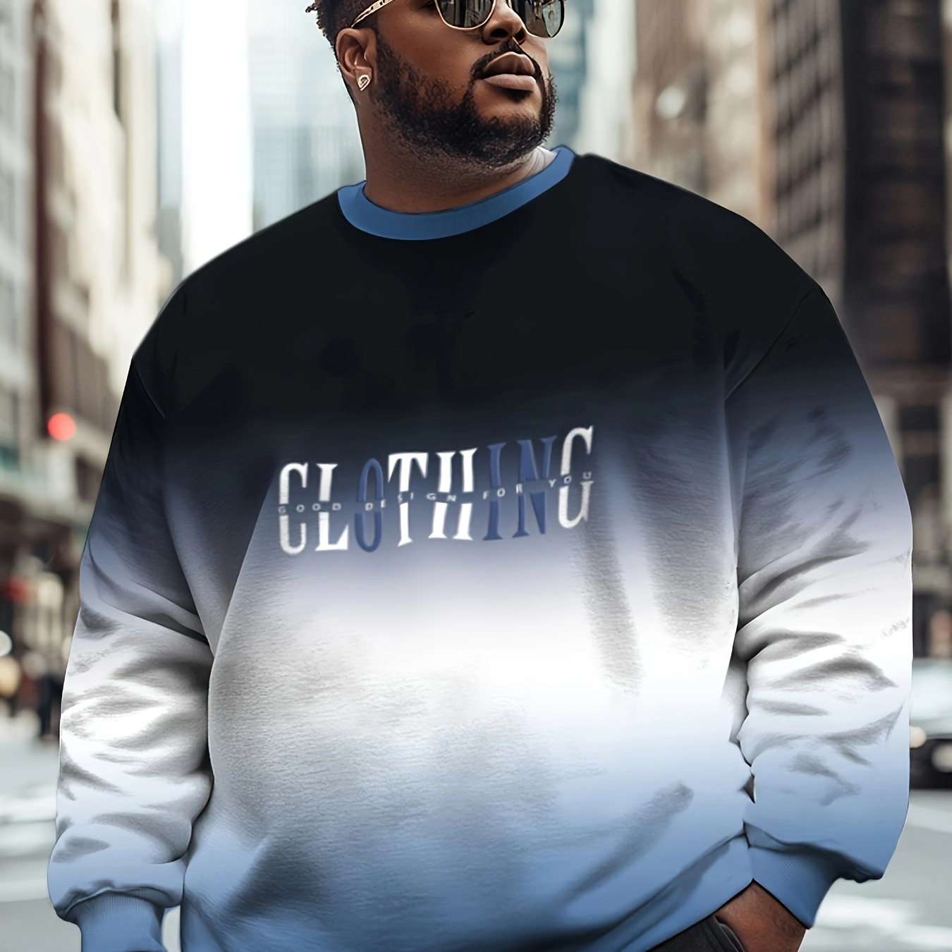 

Plus Size Men's Gradient Color Fleece-lined Sweatshirt - "clothing" Print, Stretchy Polyester , Round Neck Pullover For Sports & Casual Wear, Plus Size Sweaters, Plus Size