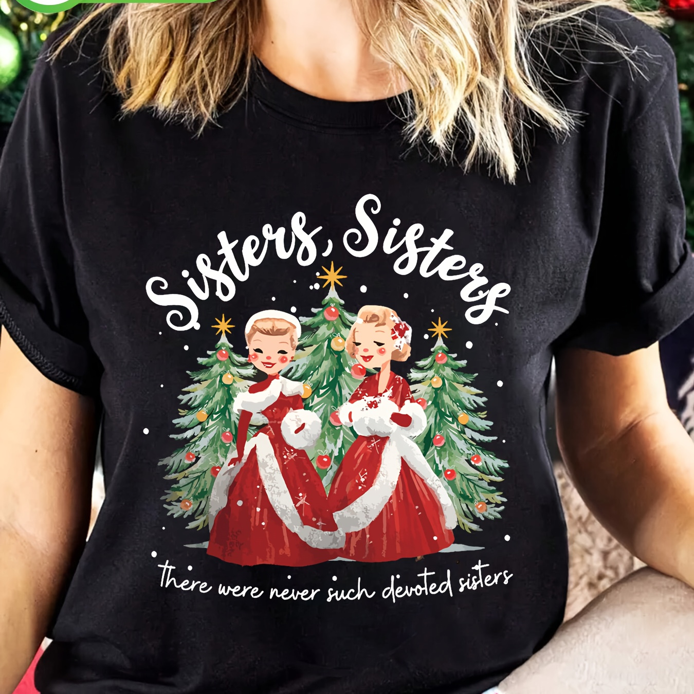 

Women's Christmas Sisters Graphic T-shirt, 100% Cotton Casual Crew Neck Tee With Festive Cartoon Print, Regular Fabric Top For