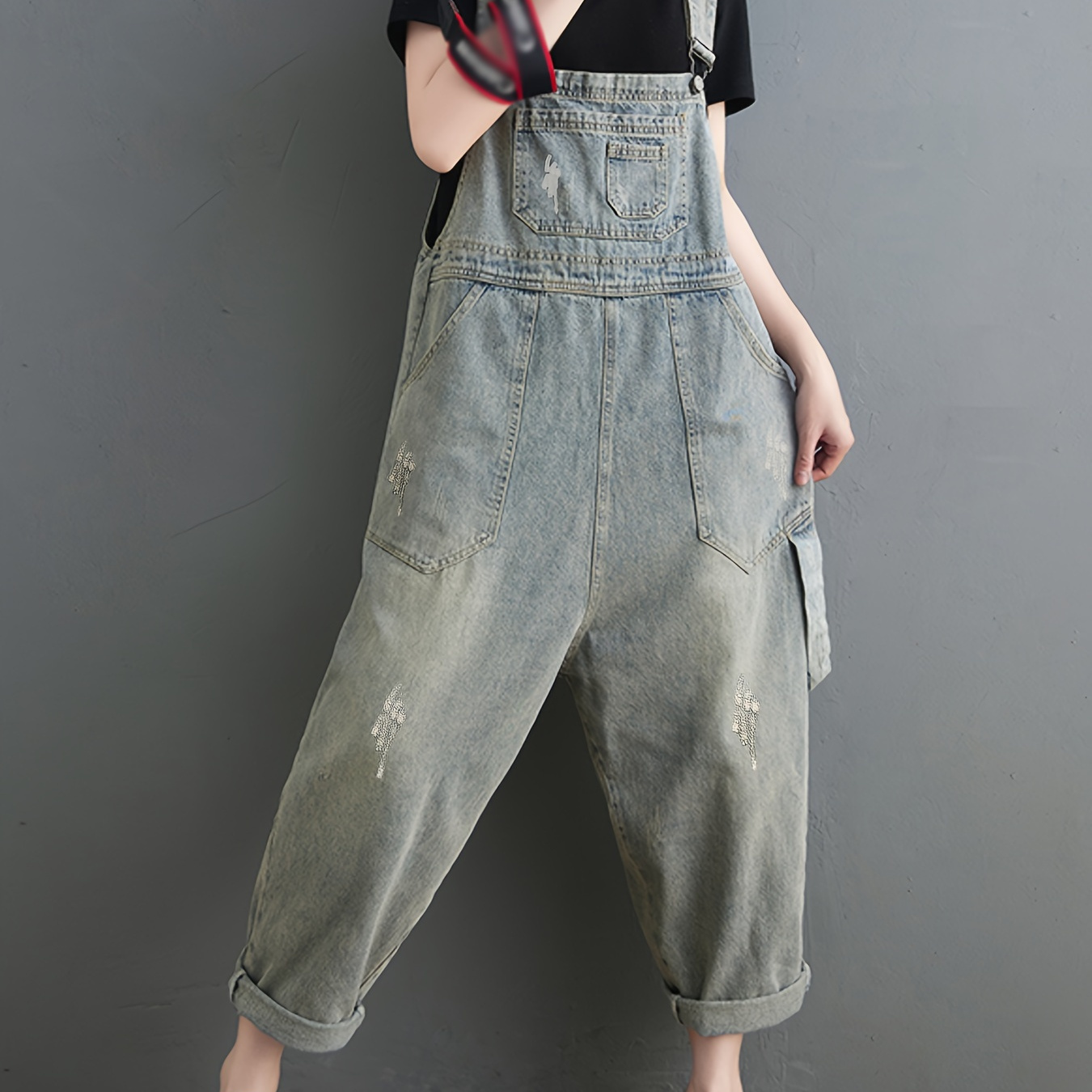 

Women's Casual Denim Overalls, Loose Fit Dungarees, All-season Distressed Washed Plain Jumpsuit For Fall