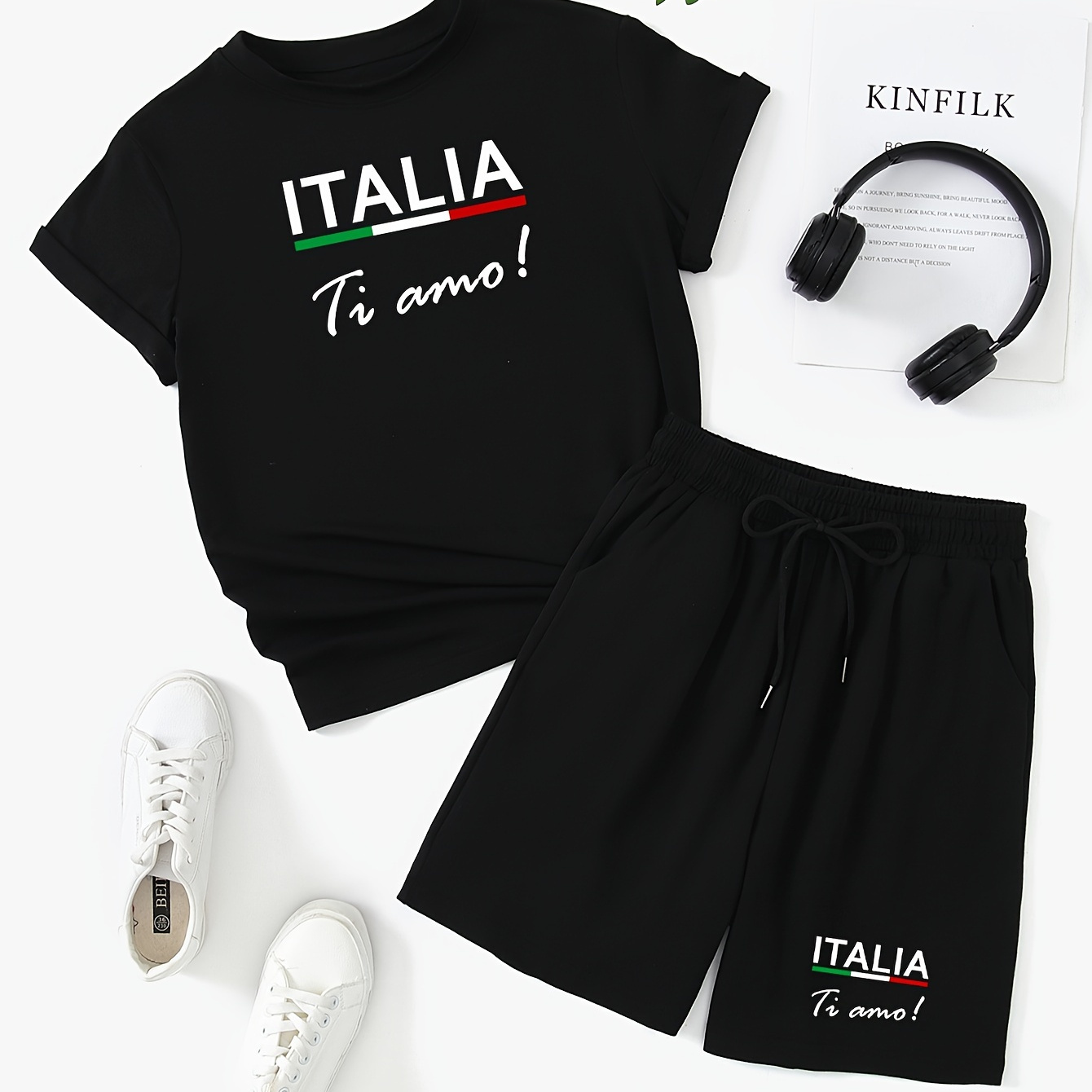 

Ladies Summer Sportswear Set, Italia Ti Amo Graphic Print, Short Sleeve T-shirt & Shorts Matching Set, Casual Outfit For Women