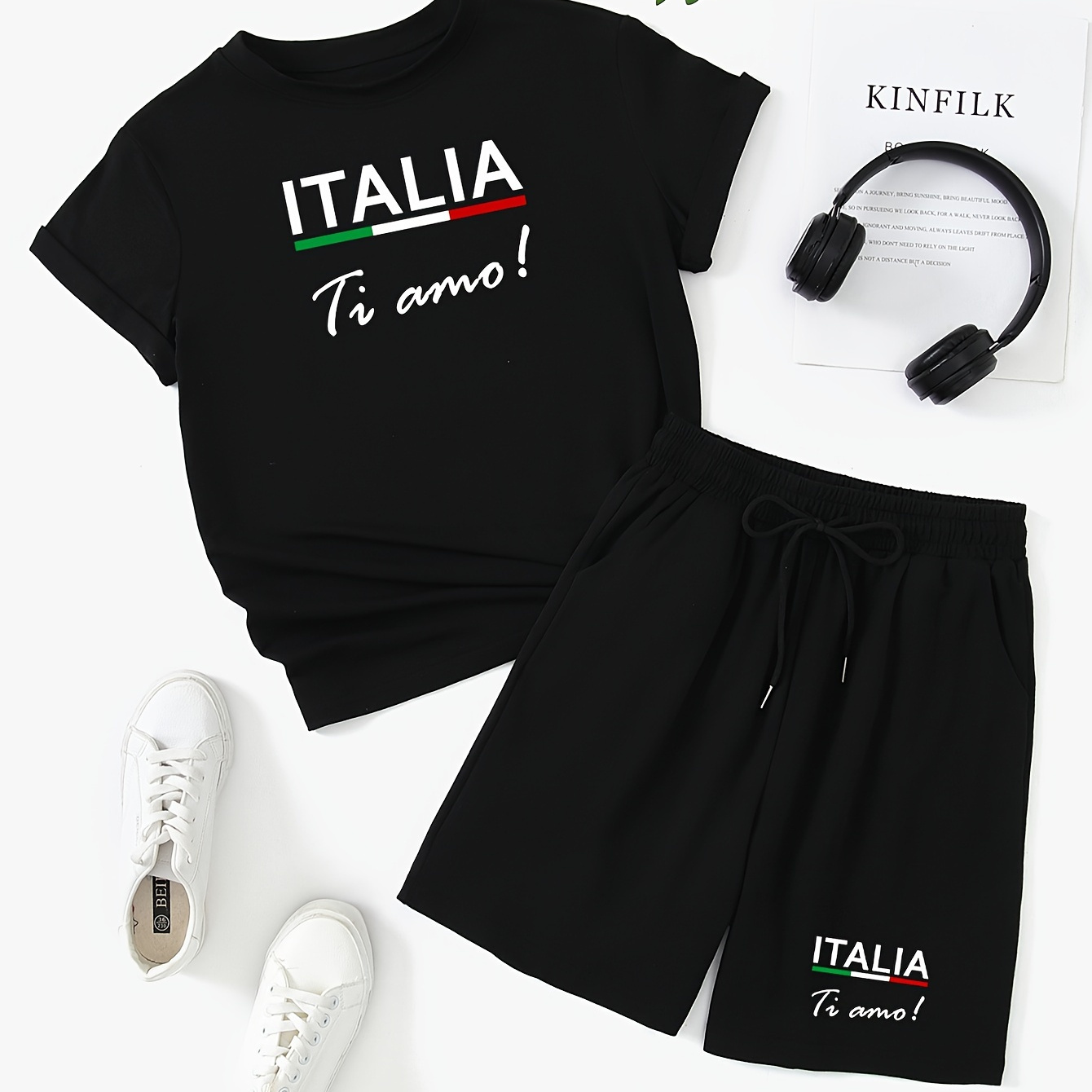 

Women's Summer Casual Sportswear Set - Italia Ti Amo Printed Short Sleeve Tee & Drawstring Shorts, Breathable Polyester , Machine Washable