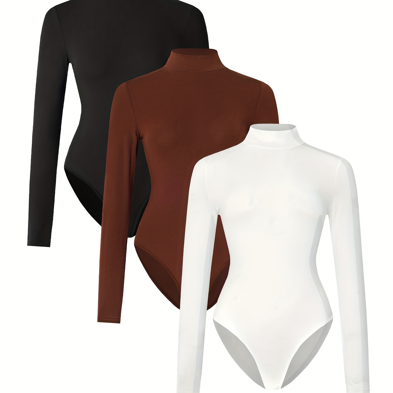 

Women's Slim-fit Turtleneck Bodysuits 3pcs - Long Sleeve, Stretchy & Comfortable, Fall/winter - In Black, White, Brown