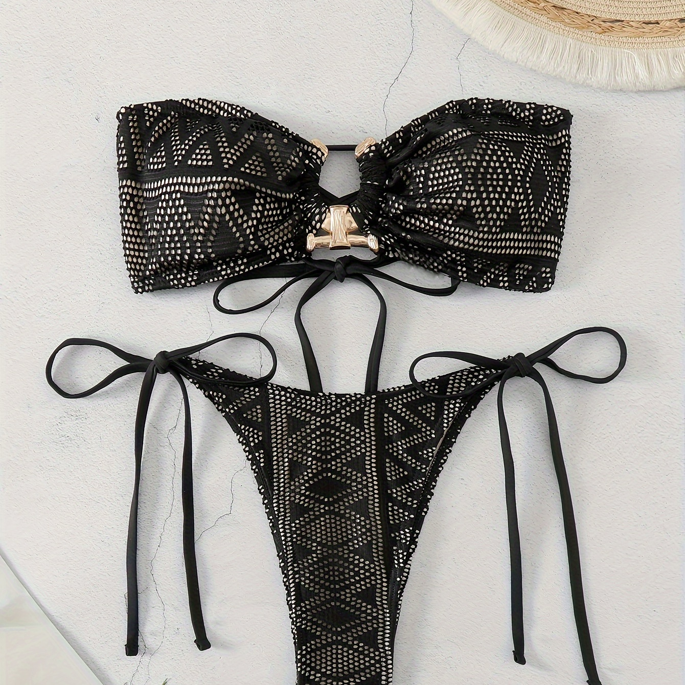 

Hollow Out Bandeau 2 Piece Set Bikini, Tube Top Ring-linked Tie Side High Cut Swimsuits, Women's Swimwear & Clothing