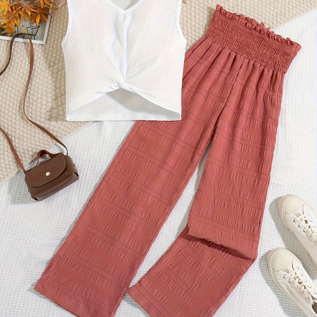 

Girls Casual & Stylish Outfit, 2pcs/set Solid Colored Sleeveless Tank Top & Shirred High Waisted Wide-leg Pants For Summer
