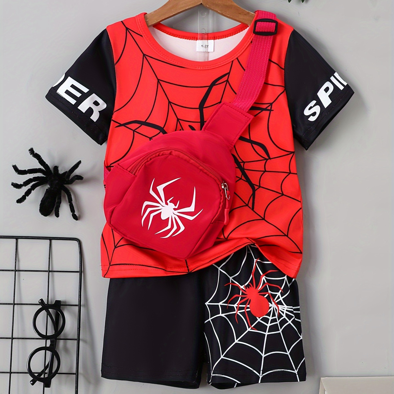 

Baby Boys Spider Pattern Short Sleeve T-shirt & Shorts & Crossbody Bag Set, 3pcs Trendy Casual Summer Clothing