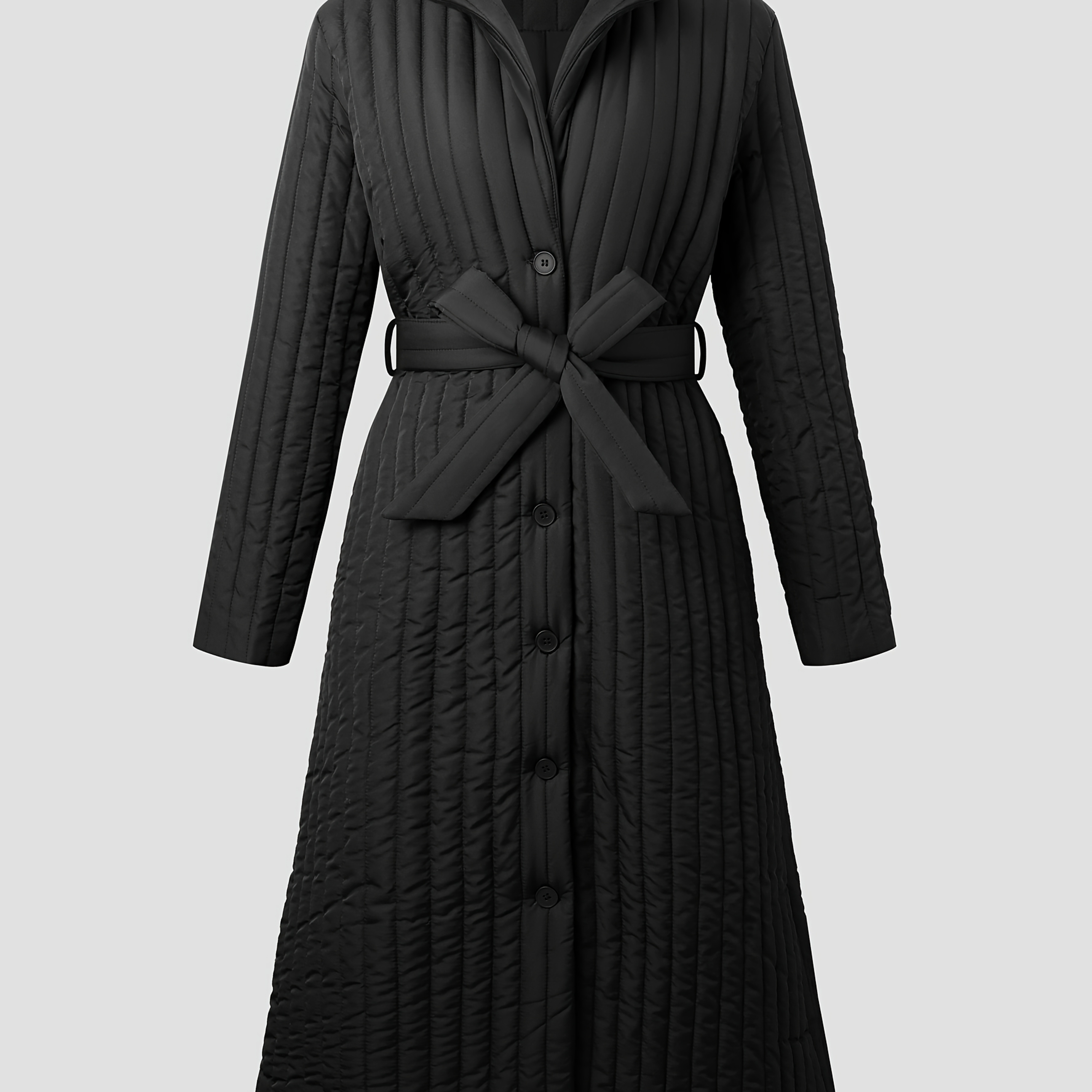 

1pc Elegant Midi Coat With Tie Front And Belt Detail, Solid Color Striped Quilted Long Sleeve Polyester Outerwear For Women