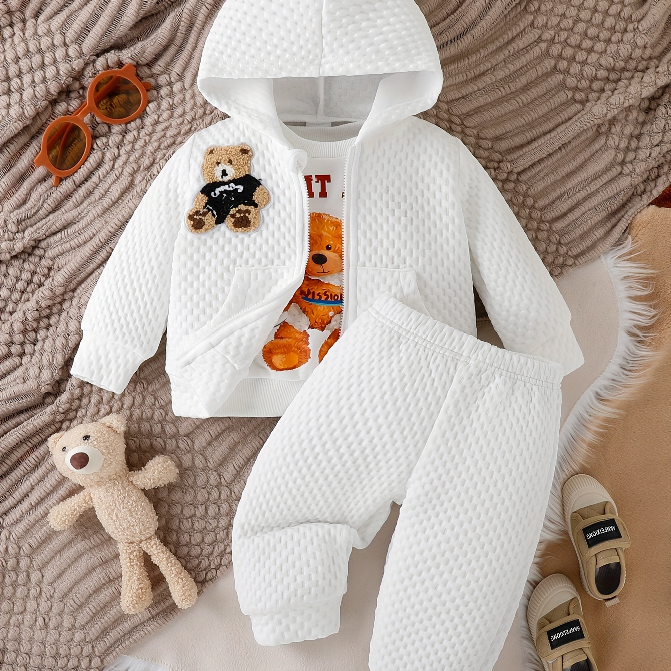 

Autumn Baby Boys Minimalist Little Bear Graphic Cute 3pcs Outfits, Long Sleeve Top & Hooded Zip Up Coat & Pants Set