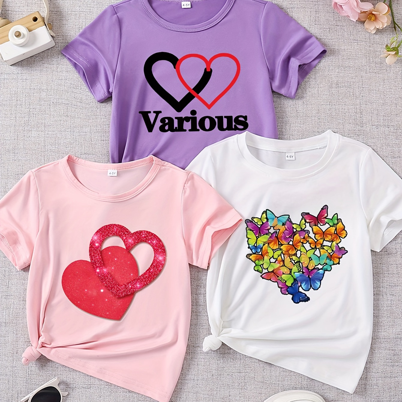 

3 Pieces Girl's Short Sleeve T-shirt, Heart Graphic & Various & Butterfly Heart Print Crew Neck Comfortable Versatile Tee Tops, Summer Clothes