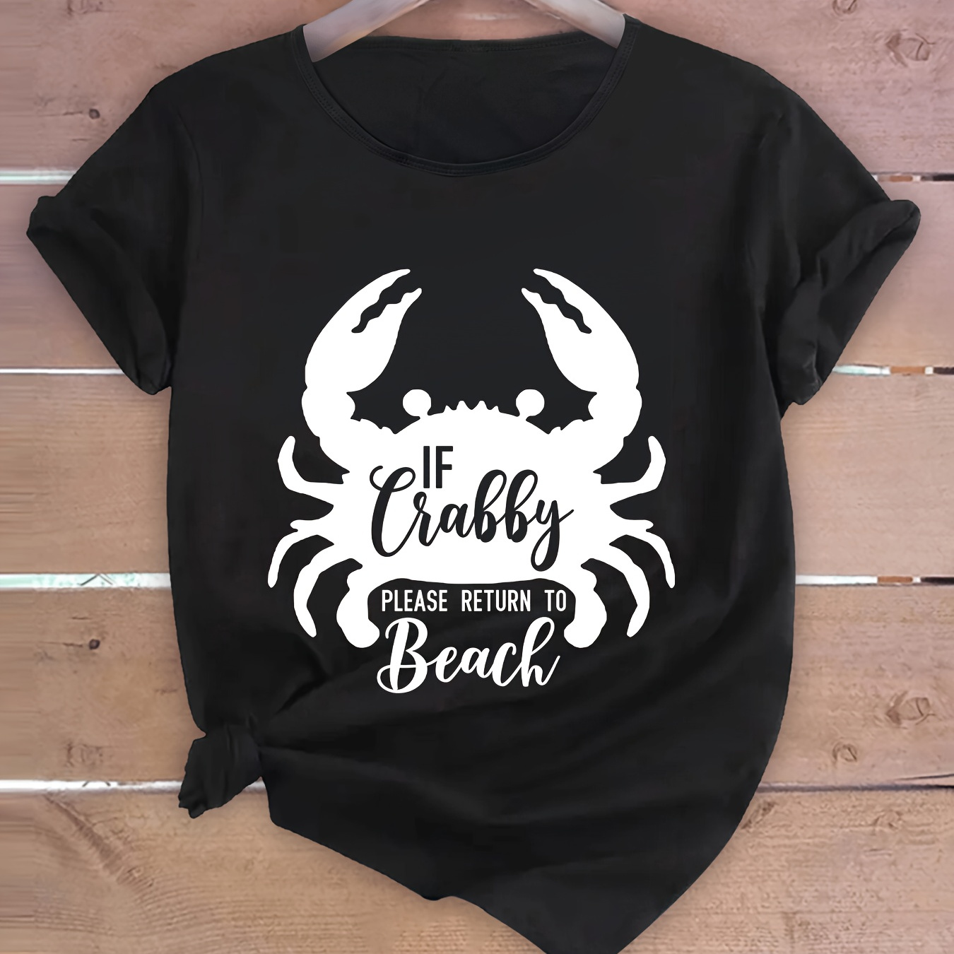 

Crab Letter Graphic Print, Short Sleeve Crew Neck Casual Sports T-shirts For Summer & Spring, Women's Clothing