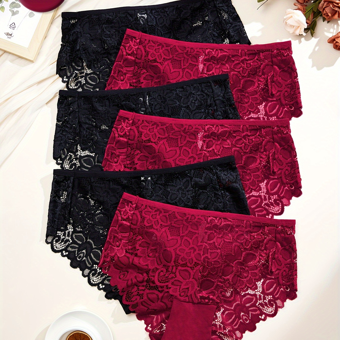 

6pcs Women's Plus Sexy Panties, Plus Size Hot Lace Stitching Scalloped Trim Soft & Breathable Briefs