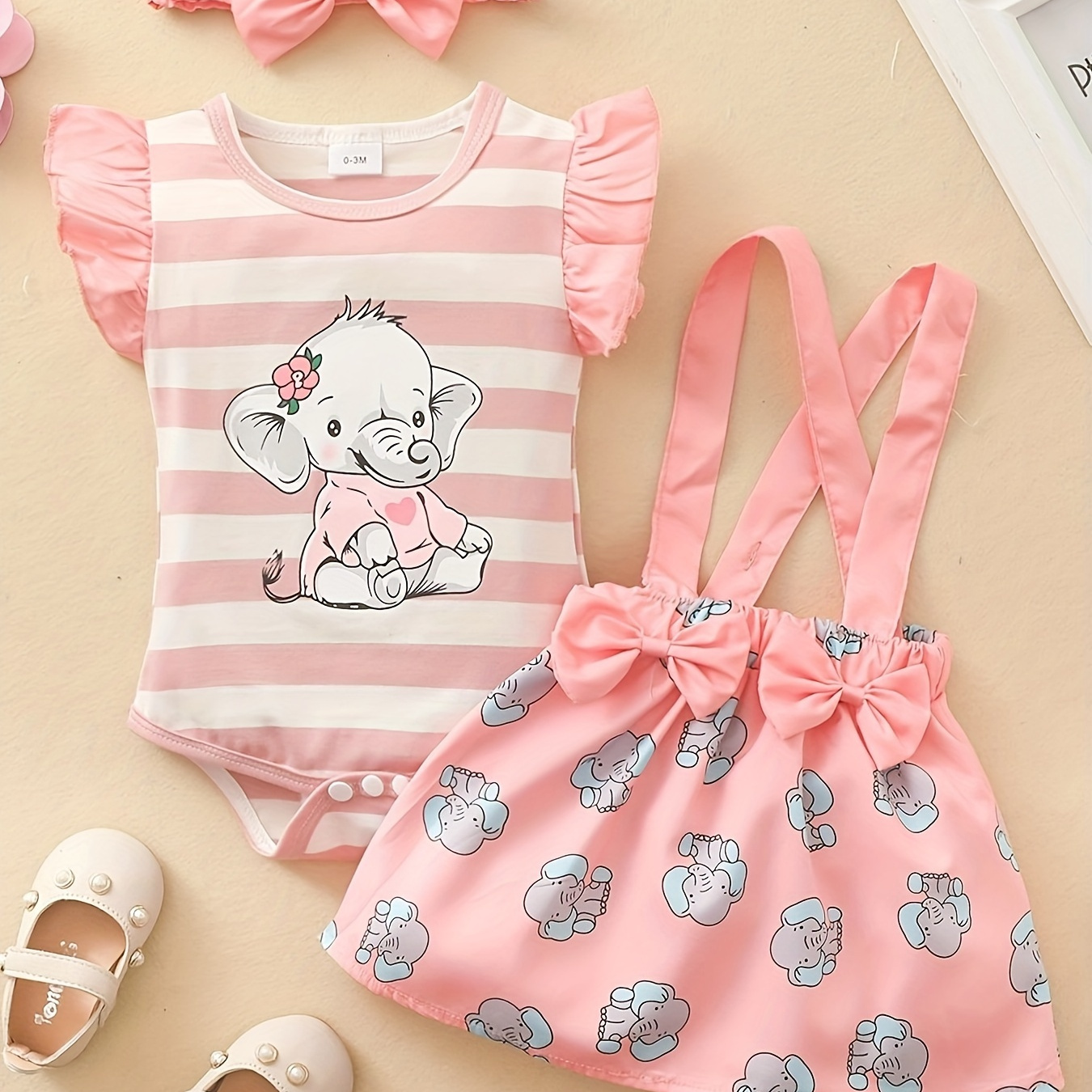 

Baby's Cute Elephant Print 2pcs Summer Outfit, Striped Cap Sleeveless Bodysuit & Hairband & Bowknot Suspender Overall Skirt Set, Toddler & Infant Girl's Clothes For Daily/holiday/party