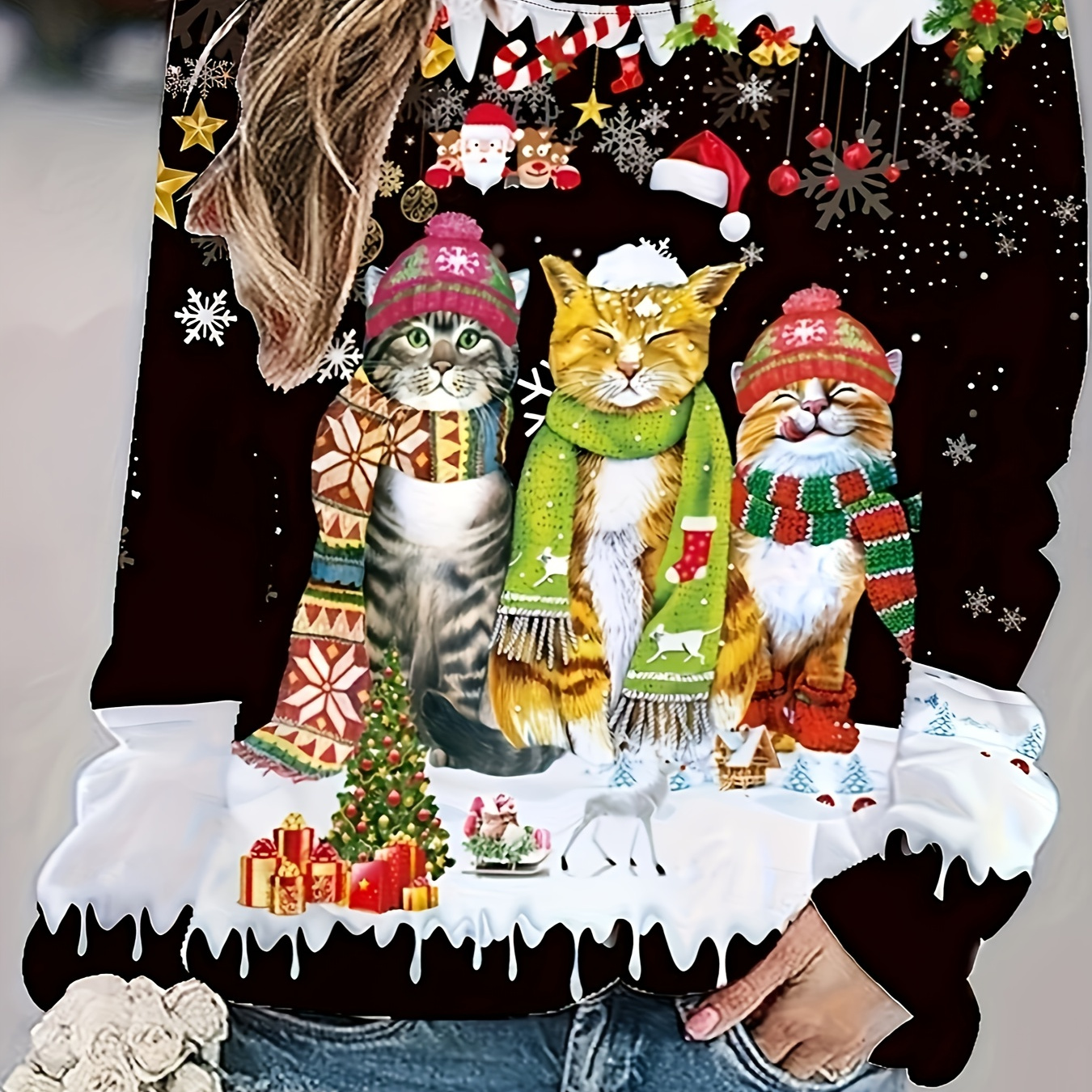 

Women's Christmas Themed Sweatshirt With Cats Print - Casual Crew Neck Long Sleeve Knit Pullover, Polyester & Spandex , Stretch, Raglan Sleeve, Regular Fit For Spring/fall/winter