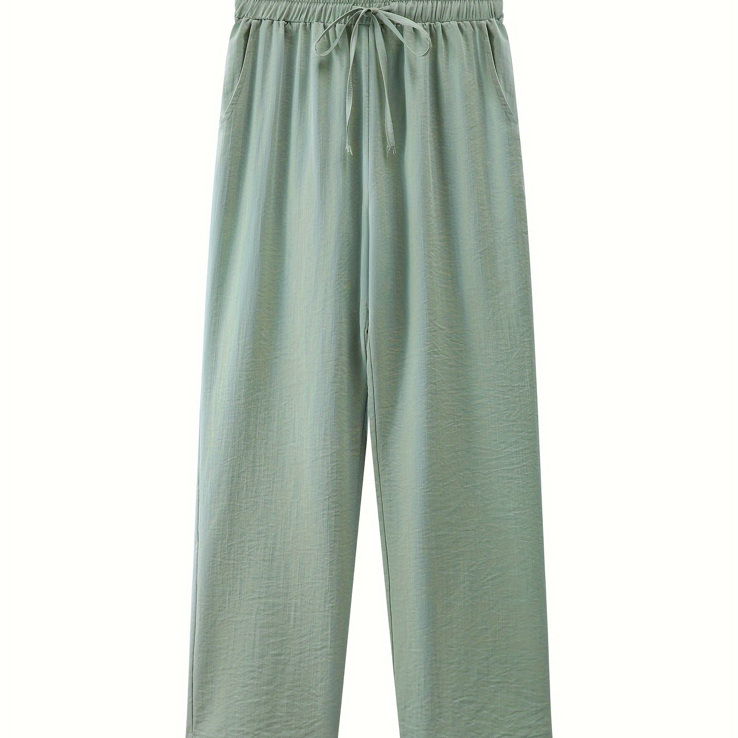 

Solid Color Drawstring Pockets Pants, Vacation Style Straight Leg Loose Pants For Spring & Fall, Women's Clothing