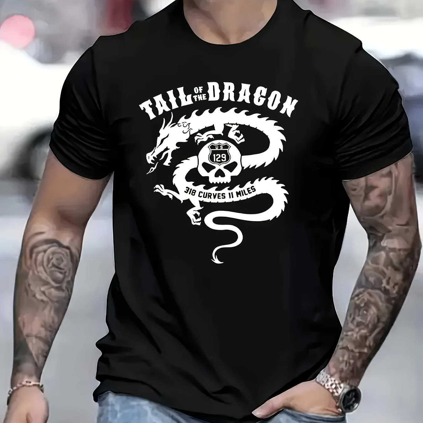 

Tail Of The Dragon Print T Shirt, Tees For Men, Casual Short Sleeve T-shirt For Summer