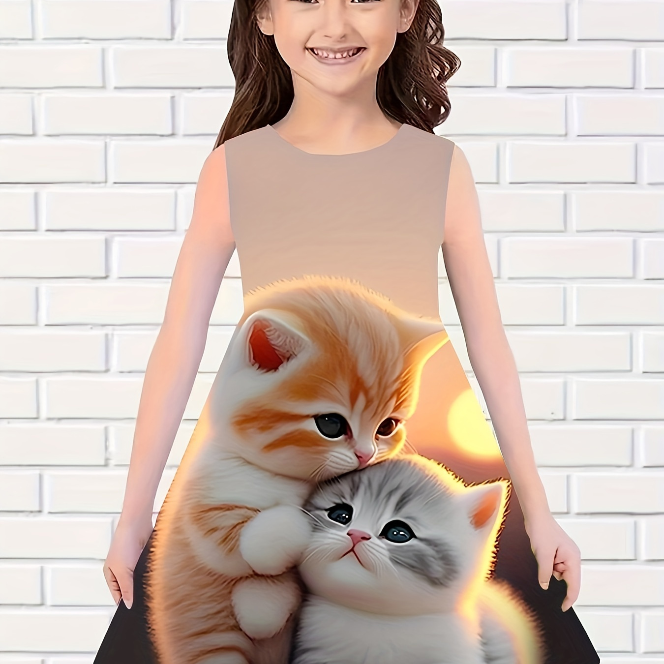 

Girls Sunset Cat Graphic Sleeveless Dress Comfy Cute Dresses For Summer Outdoor