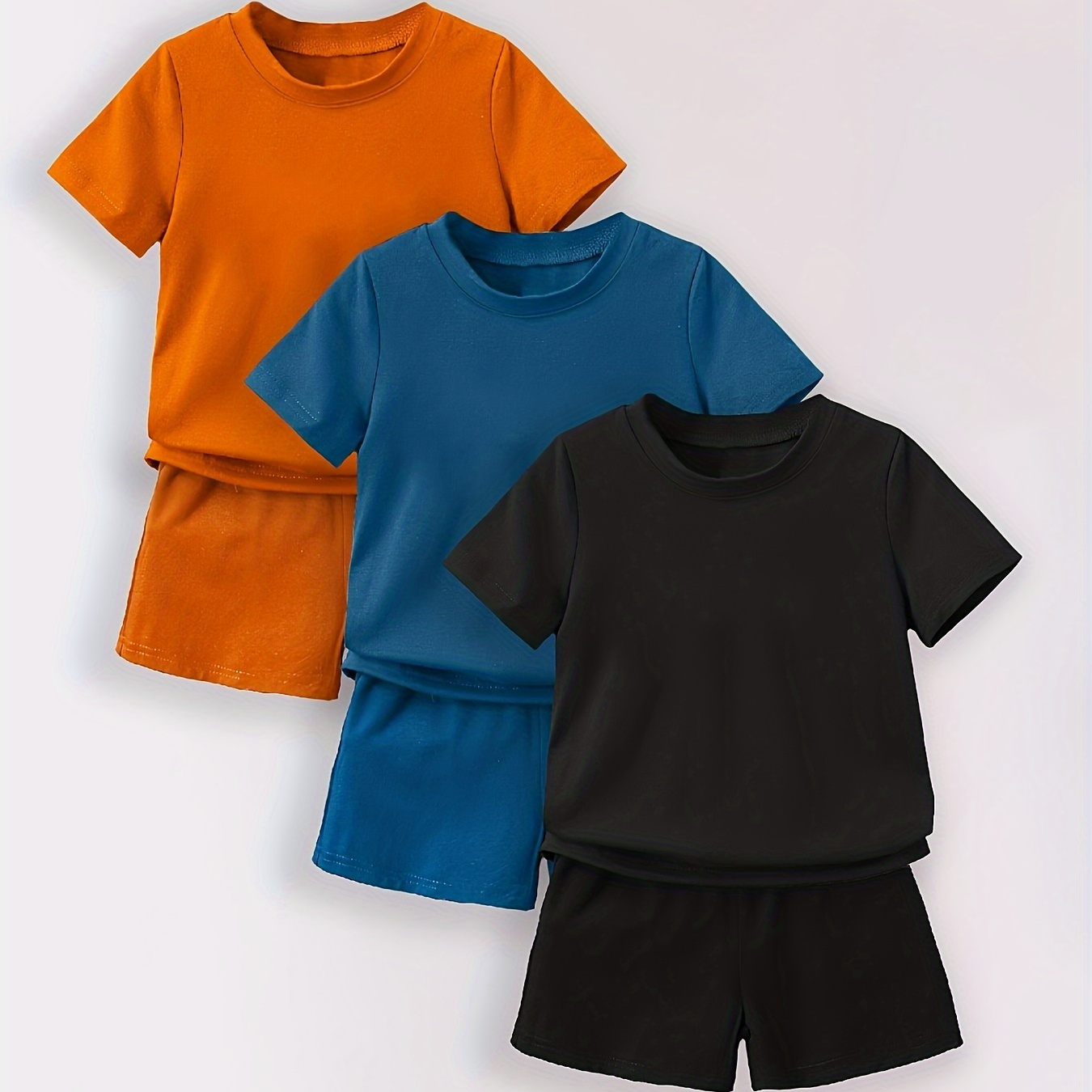 

3 Sets Solid Color Casual Outfit For Toddler Kids, T-shirt & Elastic Waist Shorts, Baby Boy's Clothes