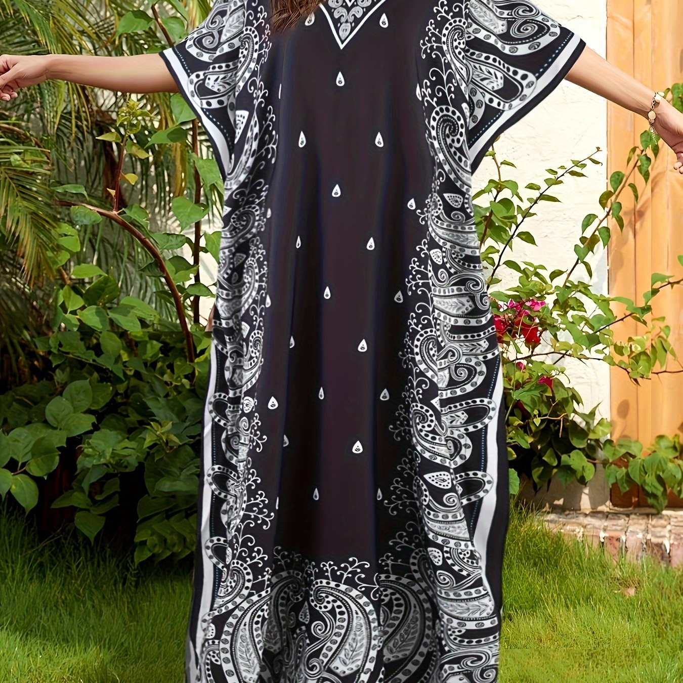 

Paisley Print V Neck Kaftan, Elegant Batwing Sleeve Maxi Dress For Spring & Summer, Women's Clothing