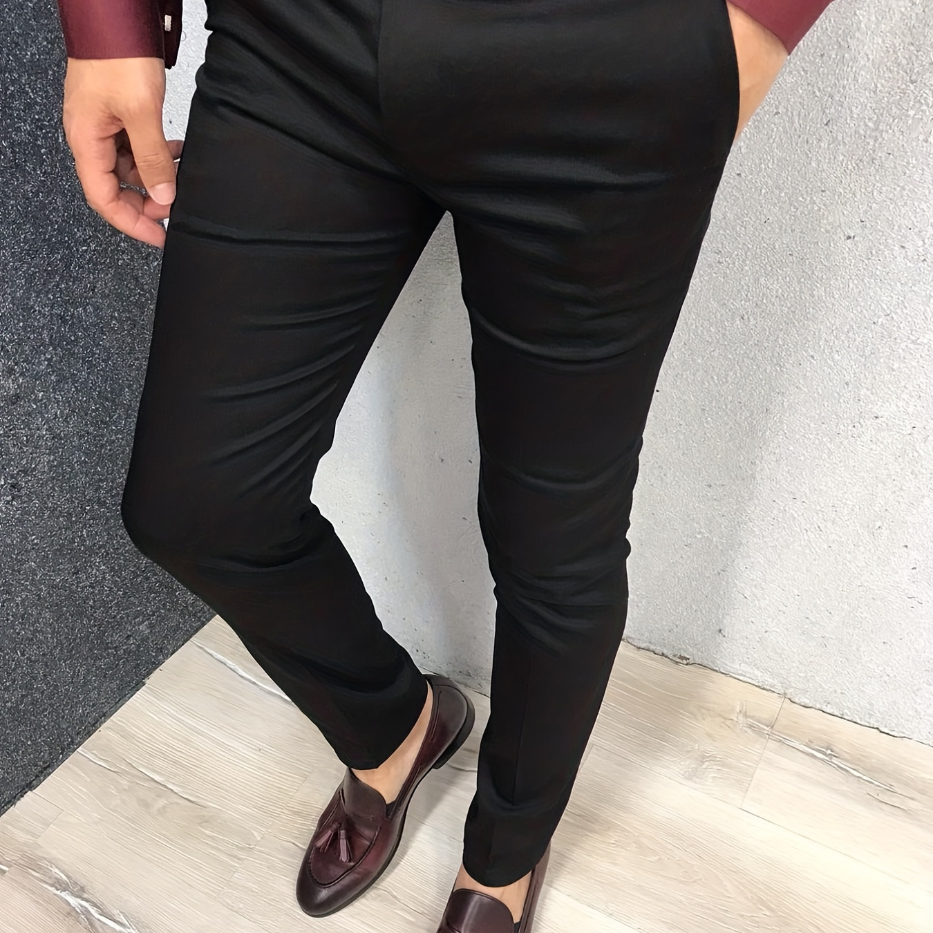 

Classic Design Slim Fit Elegant Dress Pants, Men's Semi Formal Solid Color Slightly Stretch Dress Pants For The 4 Seasons Business Banquet Party