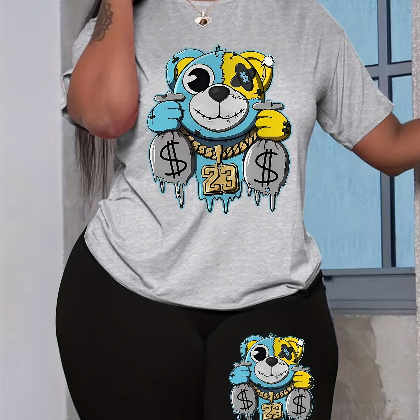 

Bear Print Matching Two-piece Set, Casual Short Sleeve T-shirt & Skinny Shorts Outfits, Women's Clothing
