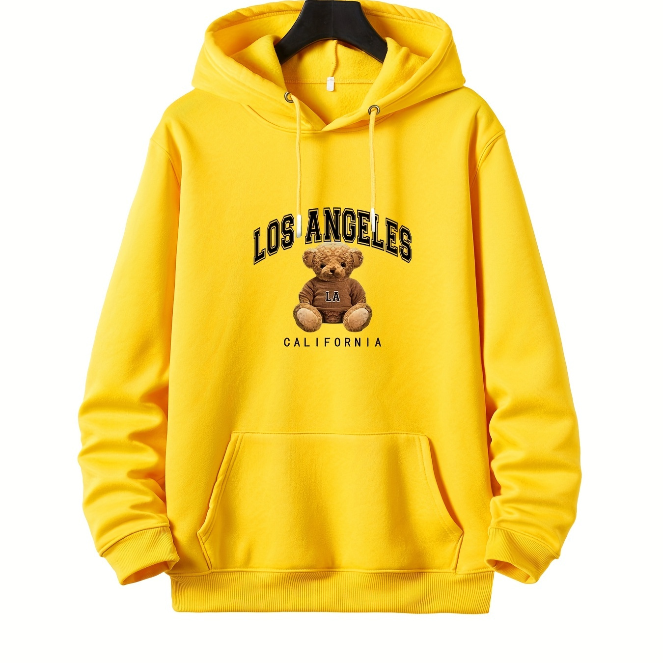 

Plus Size Casual Sweatshirt, Men's Plus Los Angeles Bear Print Long Sleeve Drawstring Hoodie Sweatshirt