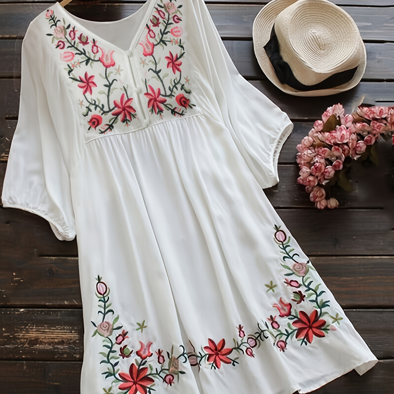 

Plus Size Floral Print V Neck Dress, Elegant 3/4 Sleeve Dress For Spring & Summer, Women's Plus Size Clothing
