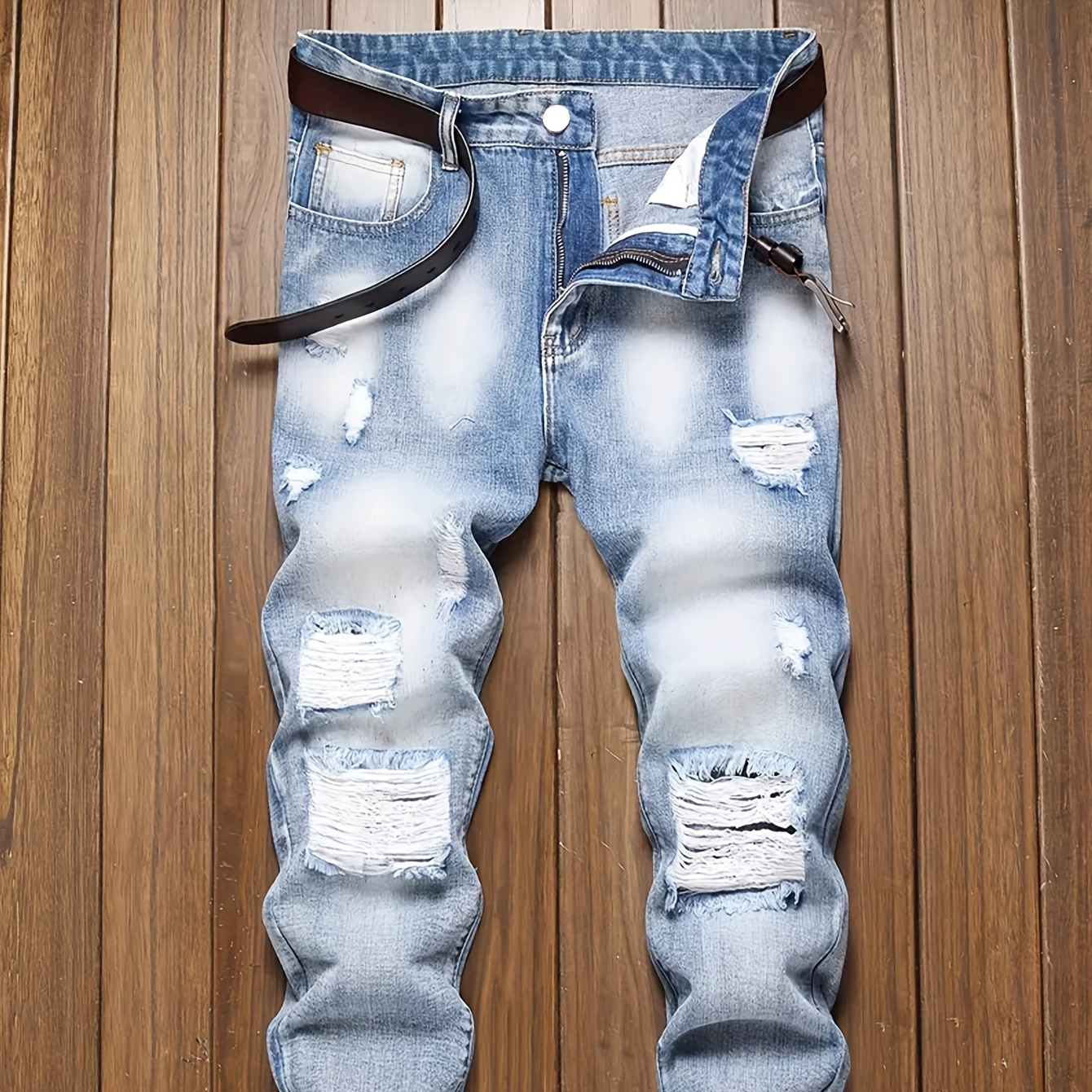 

Men's Regular Fit Distressed Ripped Jeans, Fashion Street Style Denim Pants For Men, Versatile For All Seasons