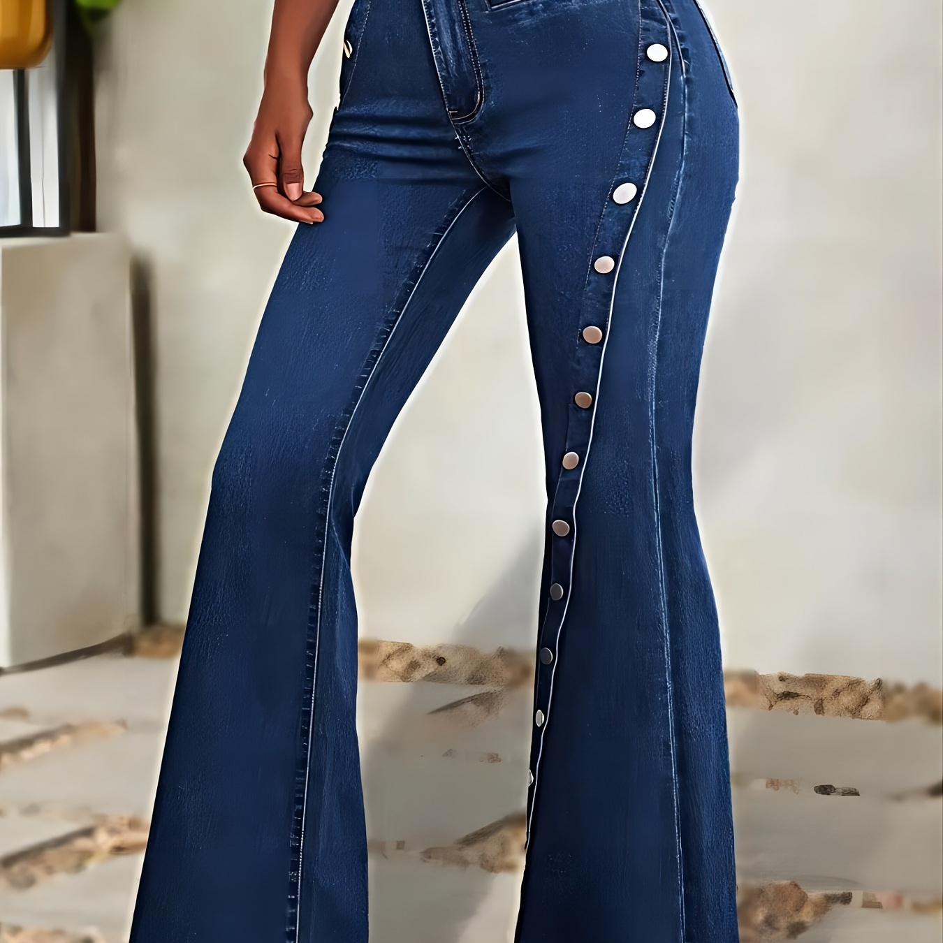 

Buttons Decor Flare Leg Stretchy Washed Blue Retro Style Zipper Button Closure Denim Pants, Women's Denim Jeans & Clothing