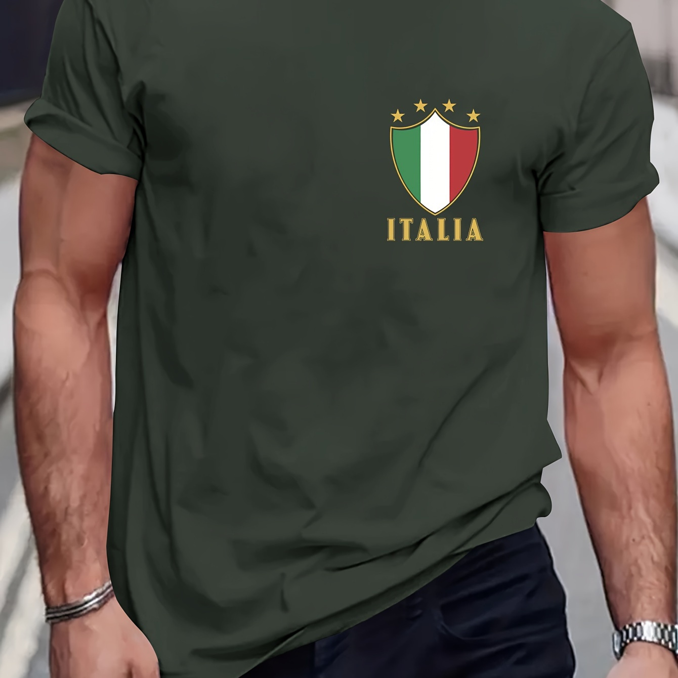 

Italian Print, Men's Round Crew Neck Short Sleeve Tee, Casual T-shirt, Casual Comfy Lightweight Top For Summer