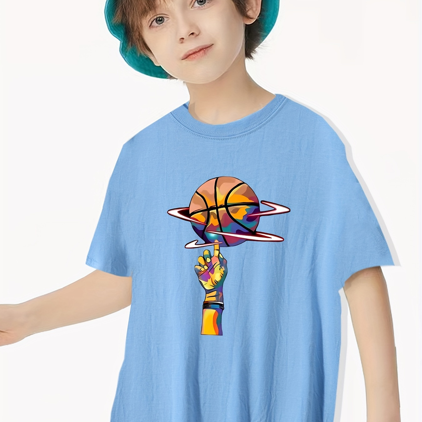 

Creative Basketball Print, Boy's Casual Comfy Round Neck Short Sleeve Summer Cotton T-shirt