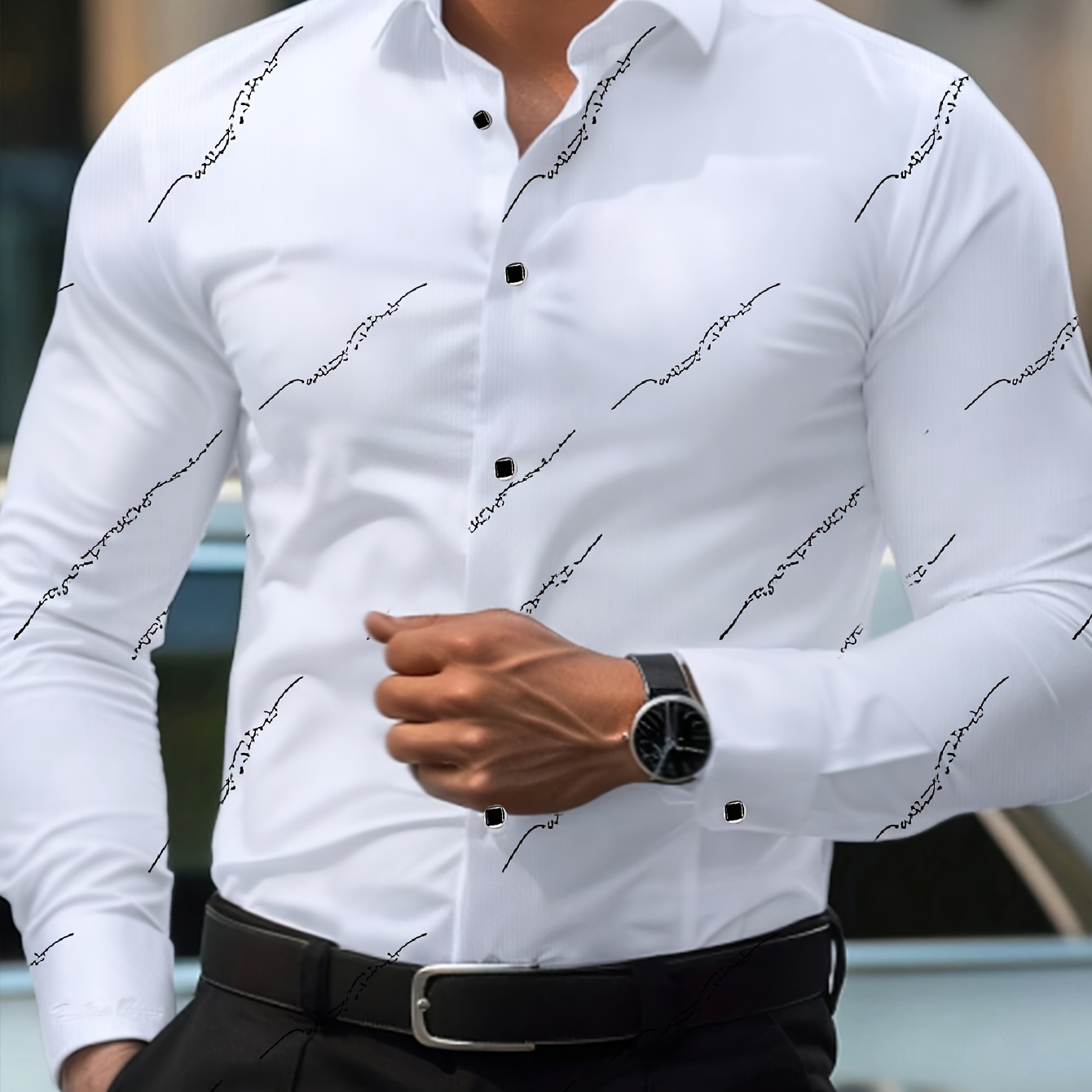 

Men's Slim-fit Casual Button-up Shirt - Elegant White With Floral Pattern, Long Sleeves, Polyester, Machine Washable - All