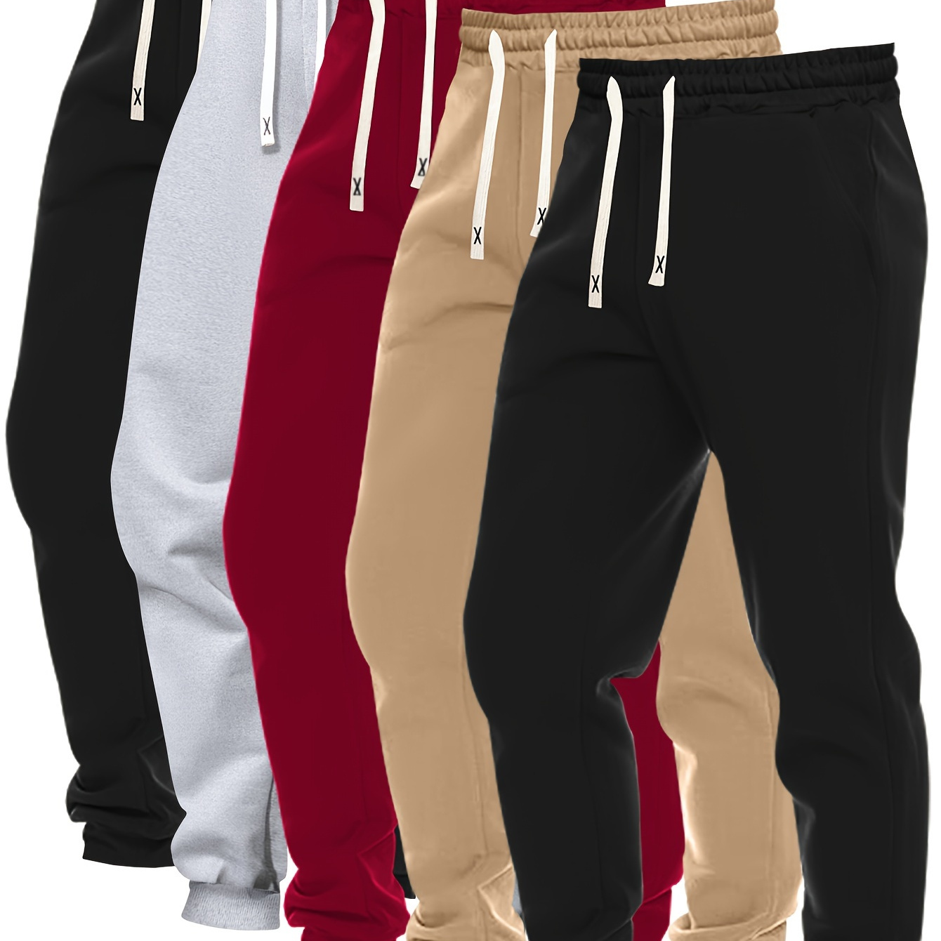 

5pcs Set Of Men's Solid Color Regular Fit And Cuffed Sweatpants With Drawstring And Pockets, Casual Trousers Suitable For Jogging And Outdoors Sports Wear