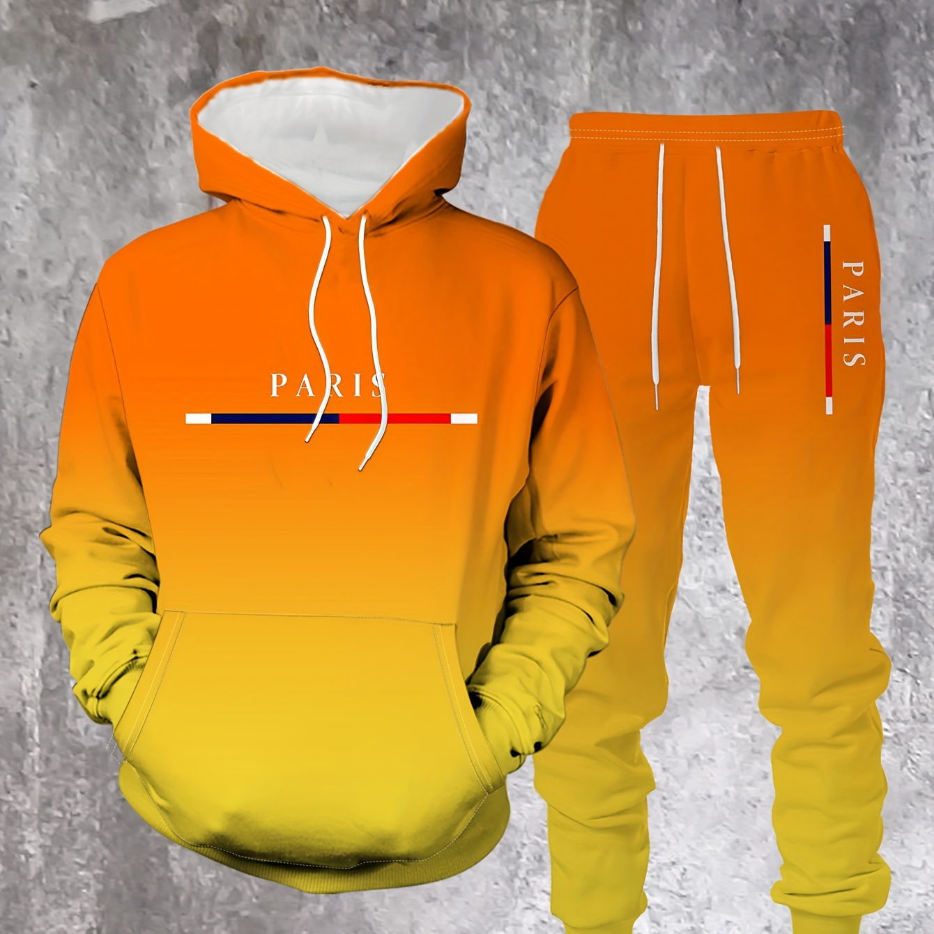 

Men's 2pcs Casual Lash Set, Orange Gradient Print Hoodie And Long Pants, Polyester 100%, Slight Stretch Knit Fabric, Regular Fit, Spring/fall Weekend Wear, With Pockets