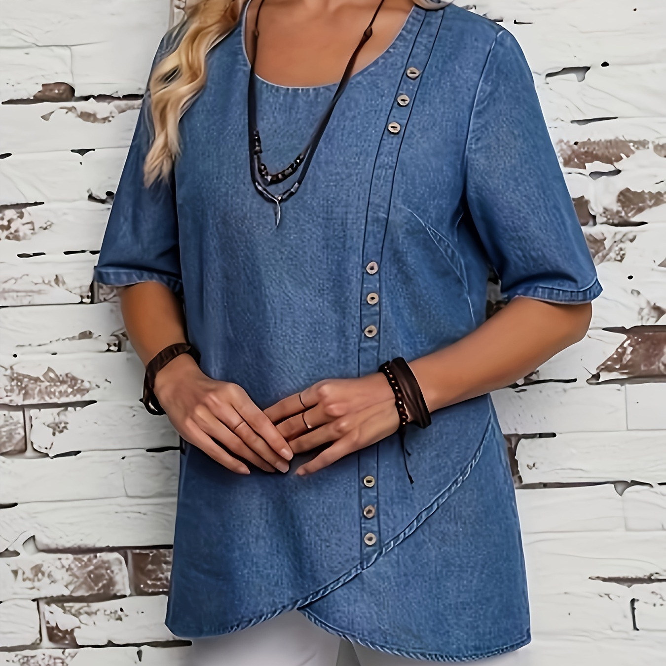 

Buttons Decor Loose Fit Short Sleeve Elegant Scoop Neck Denim Top, Women's Denim Jeans & Clothing