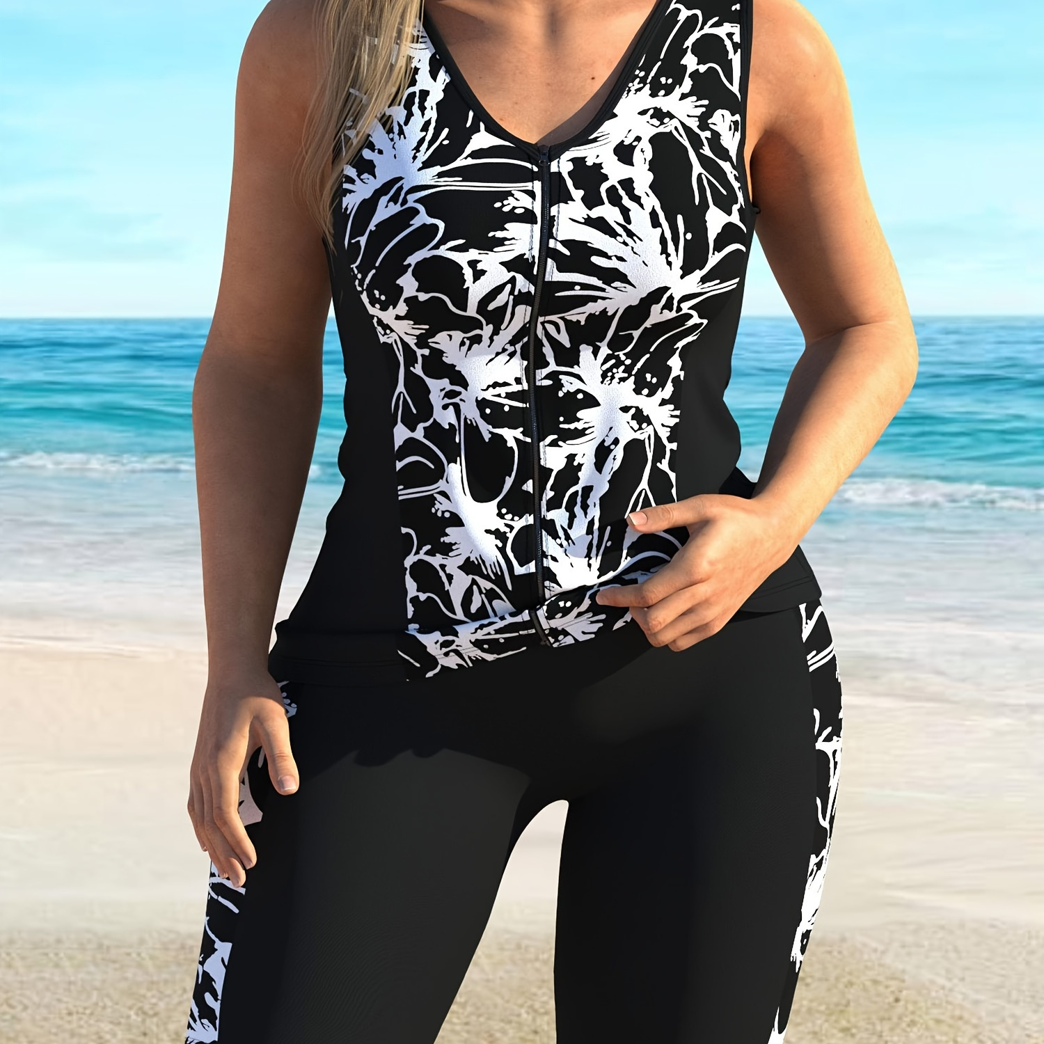 Women's Zip Front Colorblock Print Racer Back Tankini Top With