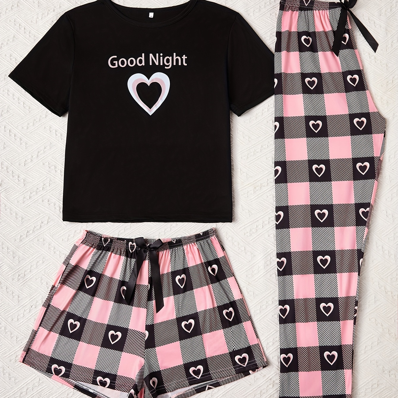 

Casual Heart Plaid & Slogan Print Pajama Set, Round Neck Short Sleeve Top & Elastic Shorts & Pants, Women's Sleepwear